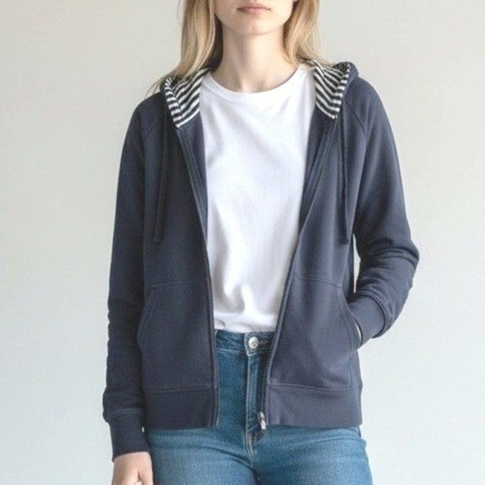 Full Zip Hoodie Sweatshirt Womens Medium Navy Blue Casual Raglan Sleeve Nautical